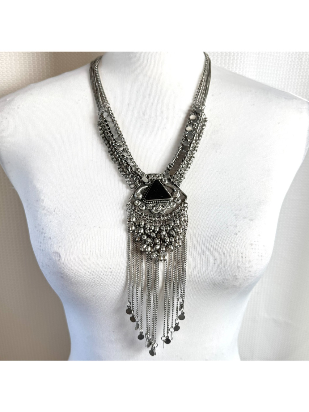 Vintage Tribal Waterfall Necklace Boho Silver Tone Black Rhinestone Festival EUC